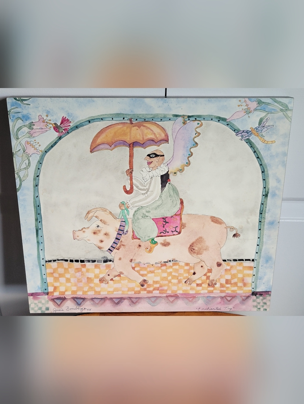 Whimsical Pig Rider Art Print - Pastel Watercolor